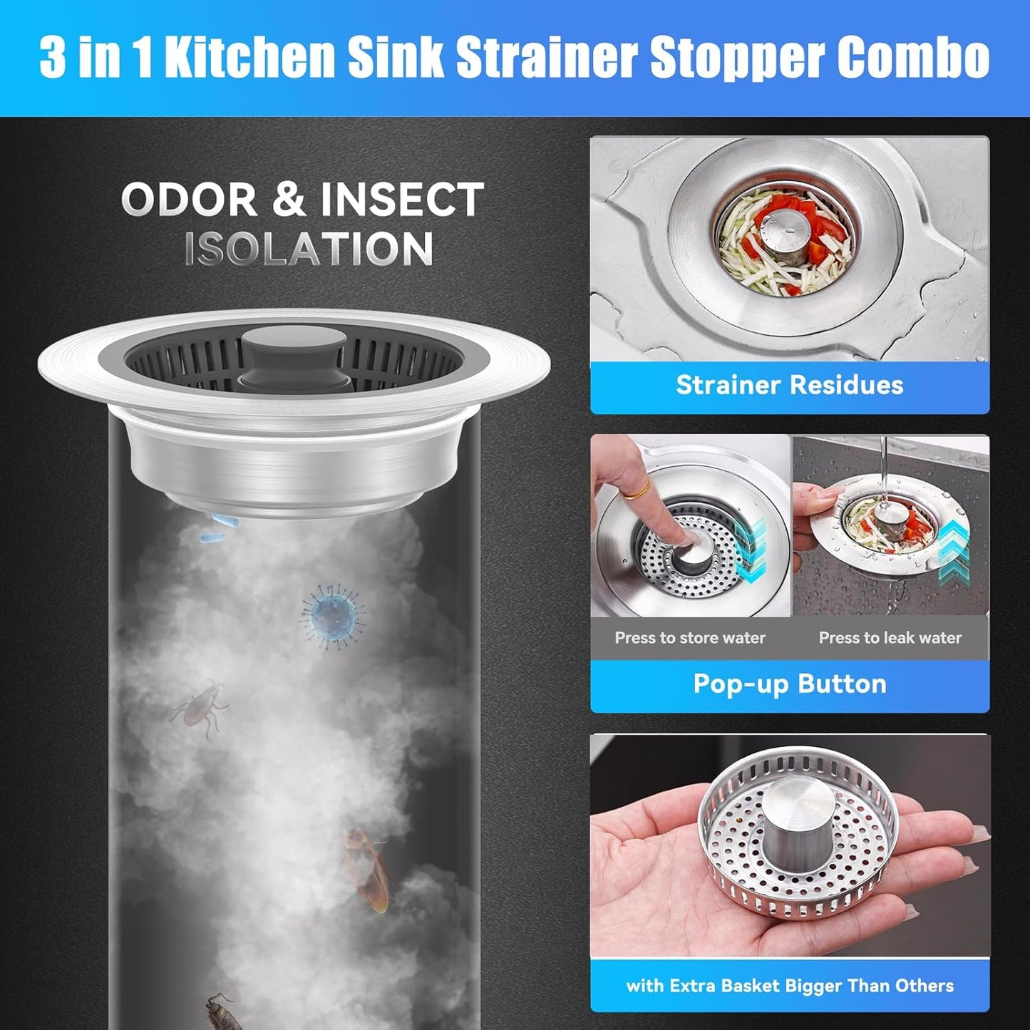 Kitchen Sink Drain Strainer, Pop-up Sink Stoppers, 3 in 1 Sink Drain Strainer, Upgraded Larger Sink Strainer Filter Basket, Cleaning Brush for US Sink Standard 3-1/2 Inch Drain Strainers