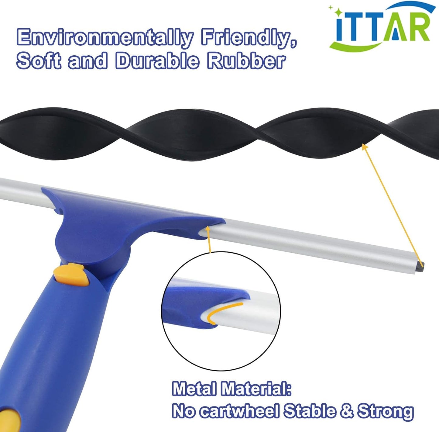 ‌ITTAR Window Squeegee Cleaner Kit, 5Ft Extendable Stainless Steel Pole with Rotatable Rubber Squeegee & 2 Microfiber Scrubber Pads, Professional Window Cleaning Tool for Home, Shower, Car, Windshield