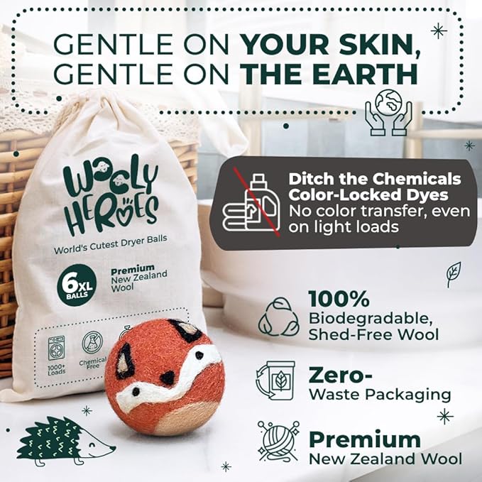 No More Dryer Sheets! Reusable Wool Dryer Balls XL 6-Pack - Reduces Static, Cuts Dry Time, & Softens Naturally