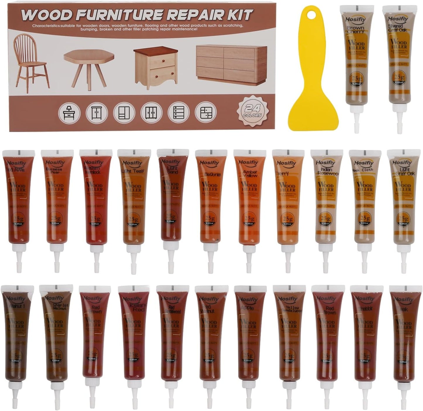 Wood Furniture Repair Kit, 24 Colors Wood Touch up Filler, Repair Scratch, Cracks, Stains, Discoloration for Wood Furniture, Door, Cabinet, Floor, Table Surface Wood - Walnut Series