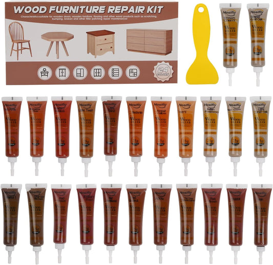 Wood Furniture Repair Kit, 24 Colors Wood Touch up Filler, Repair Scratch, Cracks, Stains, Discoloration for Wood Furniture, Door, Cabinet, Floor, Table Surface Wood - Walnut Series