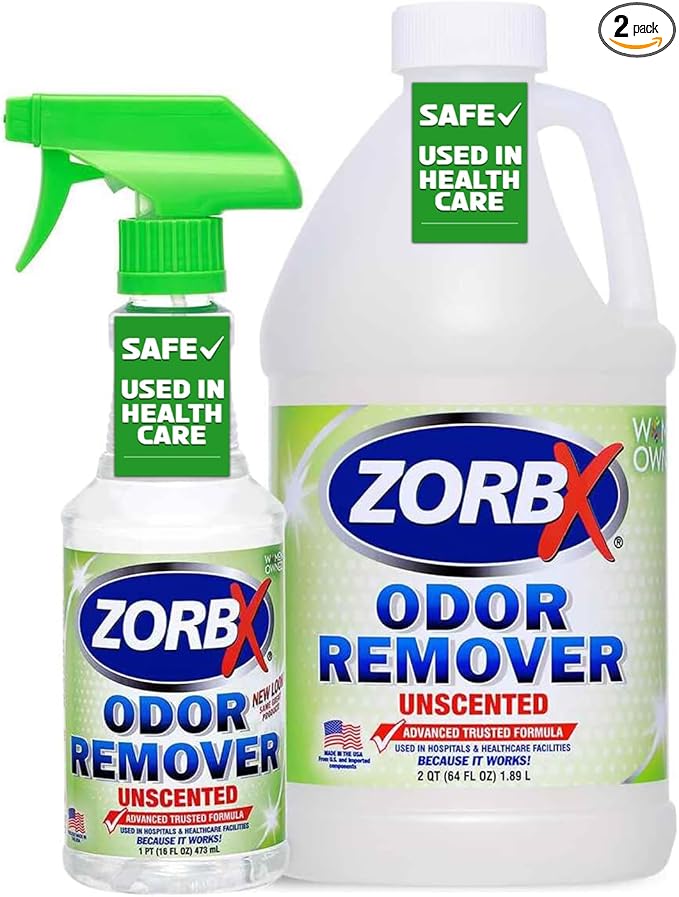 ZORBX Unscented Odor Eliminator for Strong Odor 16 Oz + 64 Oz - Used in Hospitals & Healthcare Facilities - Advanced Trusted Formula, Fast-Acting Odor Remover Spray for Dog, Cat, House & Carpet