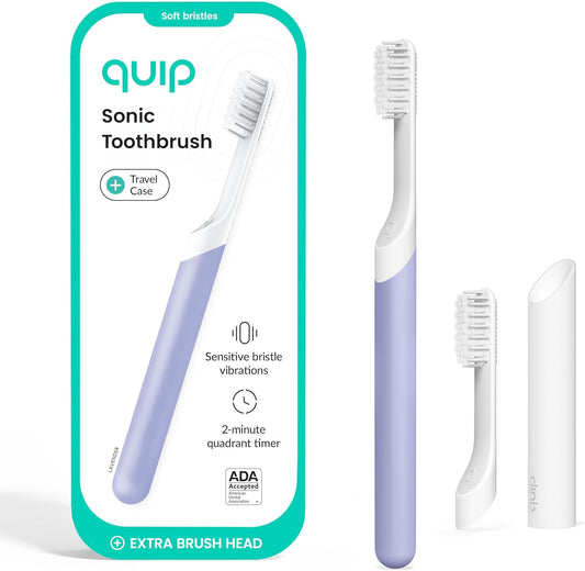 quip Sonic Toothbrush for Adults with Timer - Includes Extra Brush Head and Travel Cover Mount - Electric, Soft Bristle Refill Head, Plastic Handle, 3 Month Battery Life - Travel Toothbrush - Lavender