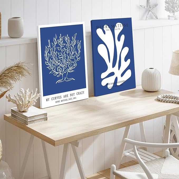 Framed Henri Matisse Canvas Wall Art Set of 3 - Abstract Blue and White Botanical Line Wall Decor Paintings, Modern Minimalist Poster Prints Aesthetic Home Decor for Living Room Bedroom Office 16x24 inch