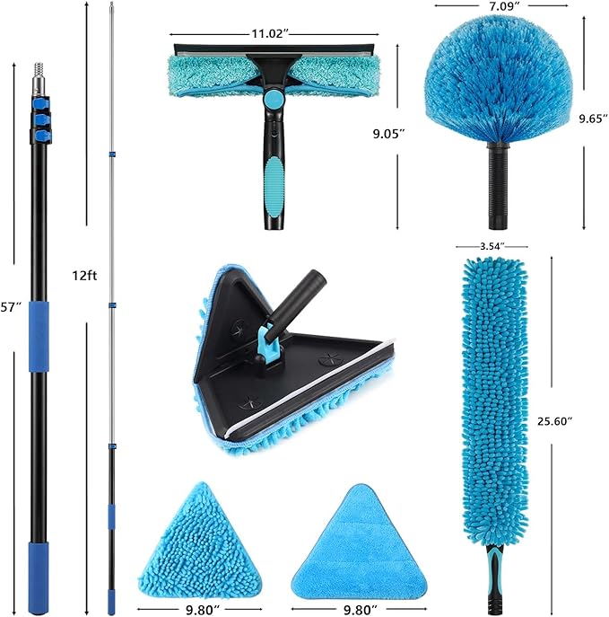 20 Feet High Ceilings Baseboard Wall Cleaner Mop with 12 Ft Extension Pole, Cobweb Duster, Window Cleaning Squeegee Kit (12ft)
