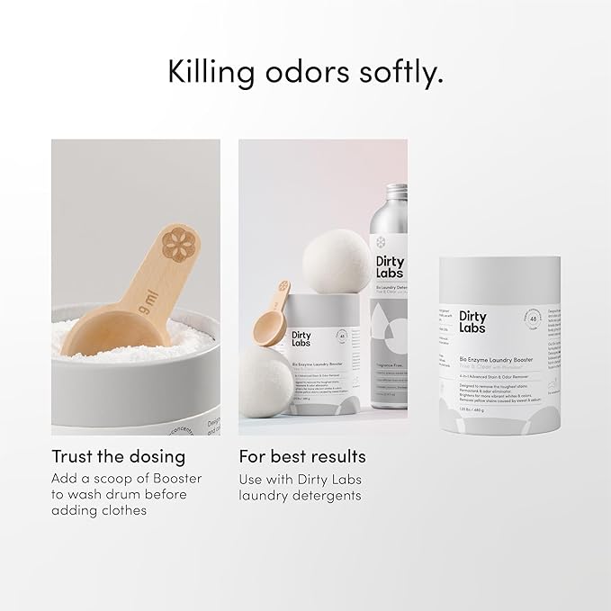 Dirty Labs | Scent Free | Bio Enzyme Laundry Booster | 2-Pack = 96 Loads | Hyper Concentrated | High Efficiency & Standard Machine Washer | Nontoxic, Biodegradable | Stain & Odor Removal Booster