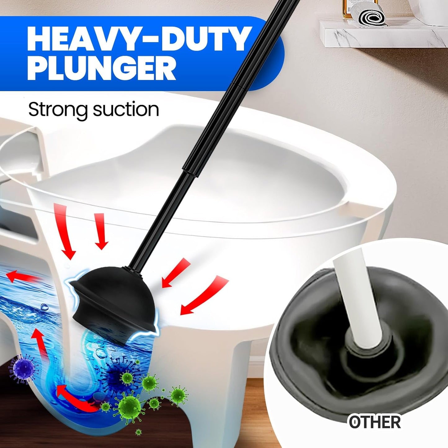 4-Piece Toilet Brush and Plunger Set, Extended Handle Plunger,Toilet Bowl Brush Plunger Set,Bathroom Cleaning Tools,Cleaning Brush,Cleaning Supplies,Toilet Brush Plunger Combo,Black（20inch）