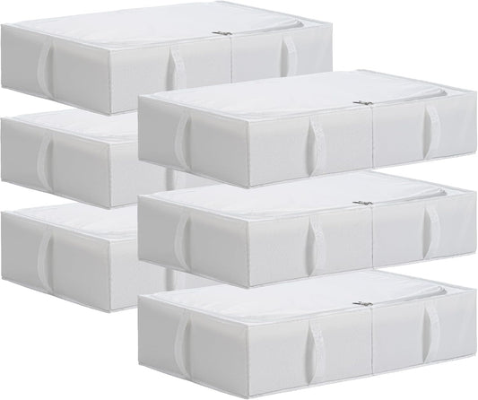 TYEERS Under Bed Storage Containers, Durable Fabric, Washable, Collapsible, Under Bed Storage Bins for Clothes, Blankets, Sheets, Shoes, 27.5x16.5x7 Inches, 6-Pack, White