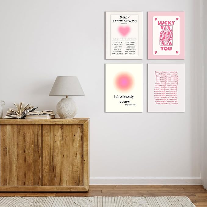 Hwetui Framed Preppy Pink Aura Wall Art Daily Affirmations posters Trendy Y2K Canvas Prints Cute Lucky You Painting Retro Aesthetic Room Decor Picture for College Dorm Bedroom 12x16Inch Set of 4