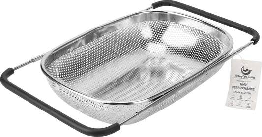 ZDRongZhen Kitchen Accessories Over the Sink Colander Strainer Basket，Stainless Steel Colander with Expandable Rubber Grip Sink Drainer-Rinse Vegetables Fruits &Strain&Drain (Large-Dense round hole)
