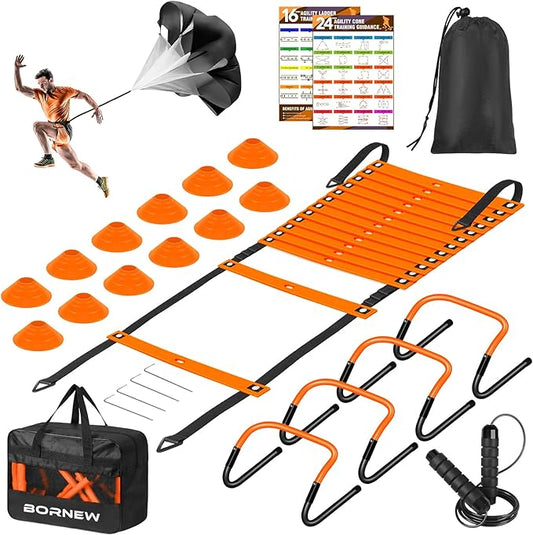 Soccer Agility Speed Training Equipment, Football Practise Set with 20 ft Agility Ladder, 12 Cones, 4 Adjustable Hurdles, Jump Rope, Parachute, for Basketball, Football, Kids, Youth, Adults