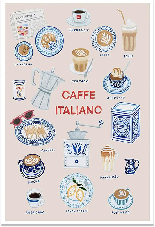 Trendy Espresso Coffee Italiano Wall Art Quirky Food Posters Italian Coffee Chart Canvas Print Painting Minimalism Home Decor Aesthetics Pictures for Kitchen Cafe Station Bar Club 24x36inch Unframed
