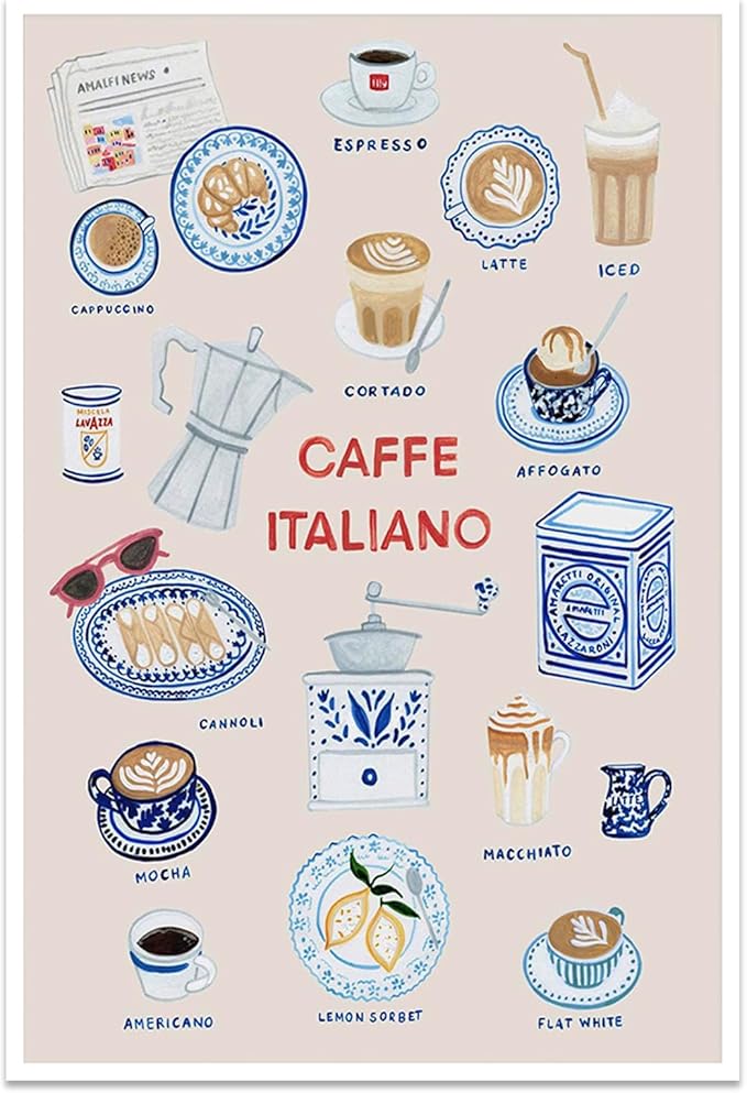 Trendy Espresso Coffee Italiano Wall Art Quirky Food Posters Italian Coffee Chart Canvas Print Painting Minimalism Home Decor Aesthetics Pictures for Kitchen Cafe Station Bar Club 20x30inch Unframed