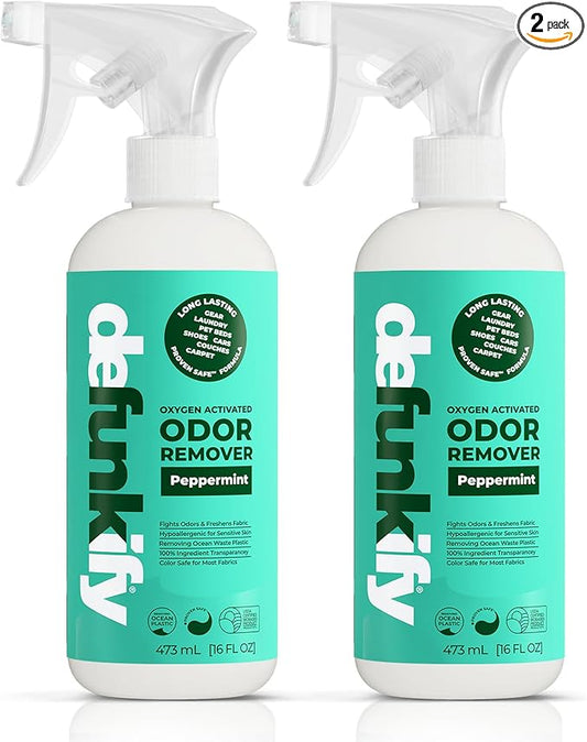 Odor Remover Spray, 16oz (2-Pack). 'Peppermint' Essential Oil Odor Eliminator for Strong Odors on Fabric, Shoes, Activewear. 'ProvenSafe' Deodorizer for Pets, Kids & Sensitive Gear w/Ionic Silver