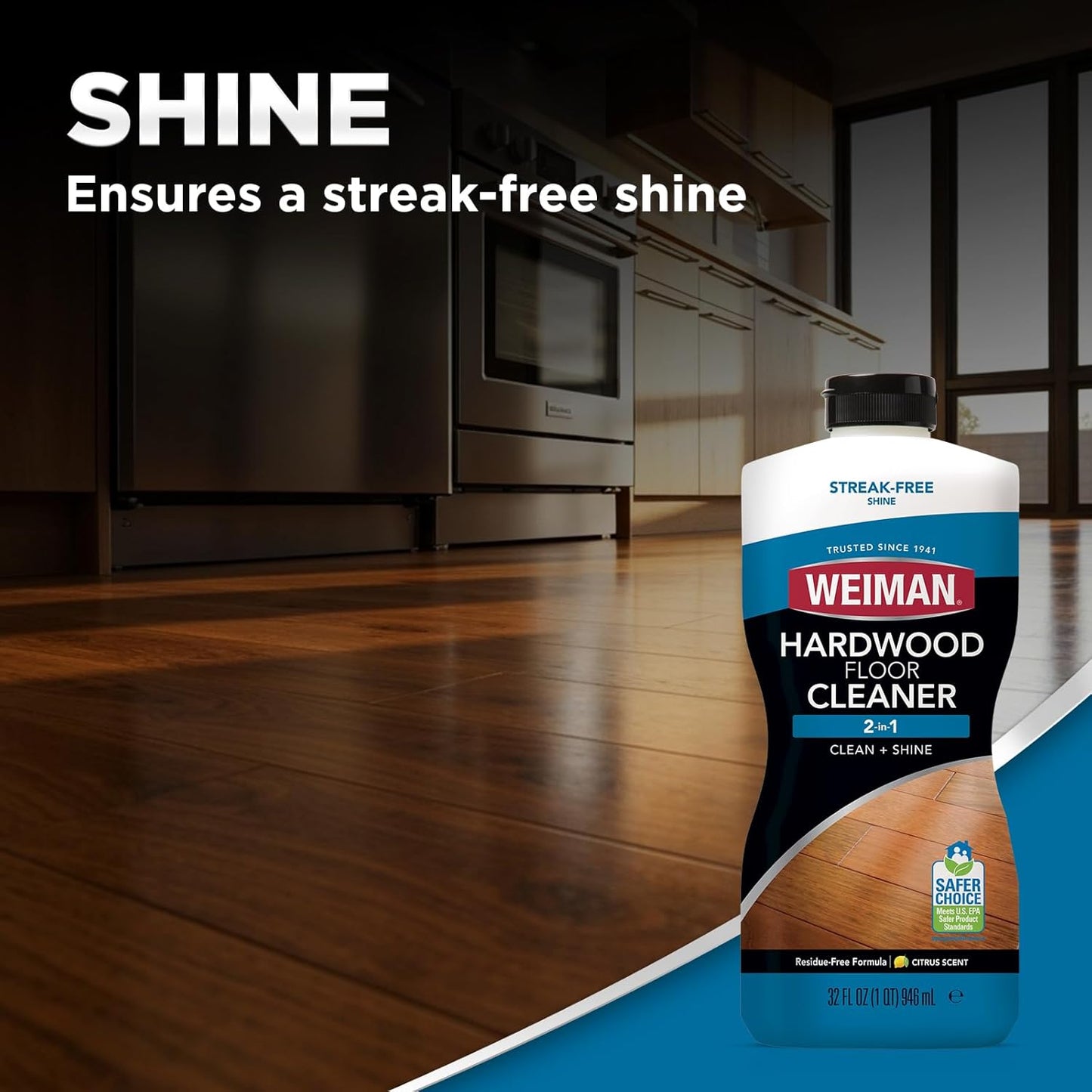 Weiman Hardwood Floor Cleaner for Finished Hardwood, Engineered Flooring, Vinyl & Laminate Surfaces - Streak-Free Shine, No Residue - 32 oz (2 PACK)