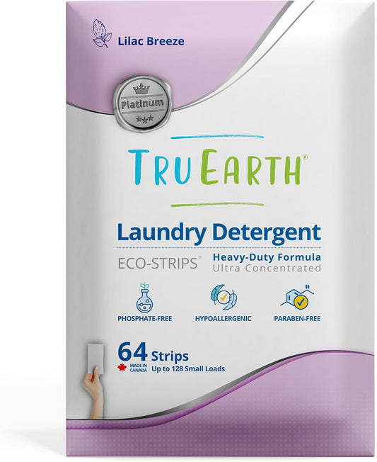 Tru Earth Platinum - Heavy Duty Laundry Detergent Sheets - Up to 128 Loads (64 Count), Lilac Breeze Scent - Ultra-Concentrated Strips Formula - Eco-Friendly Travel Laundry Sheets