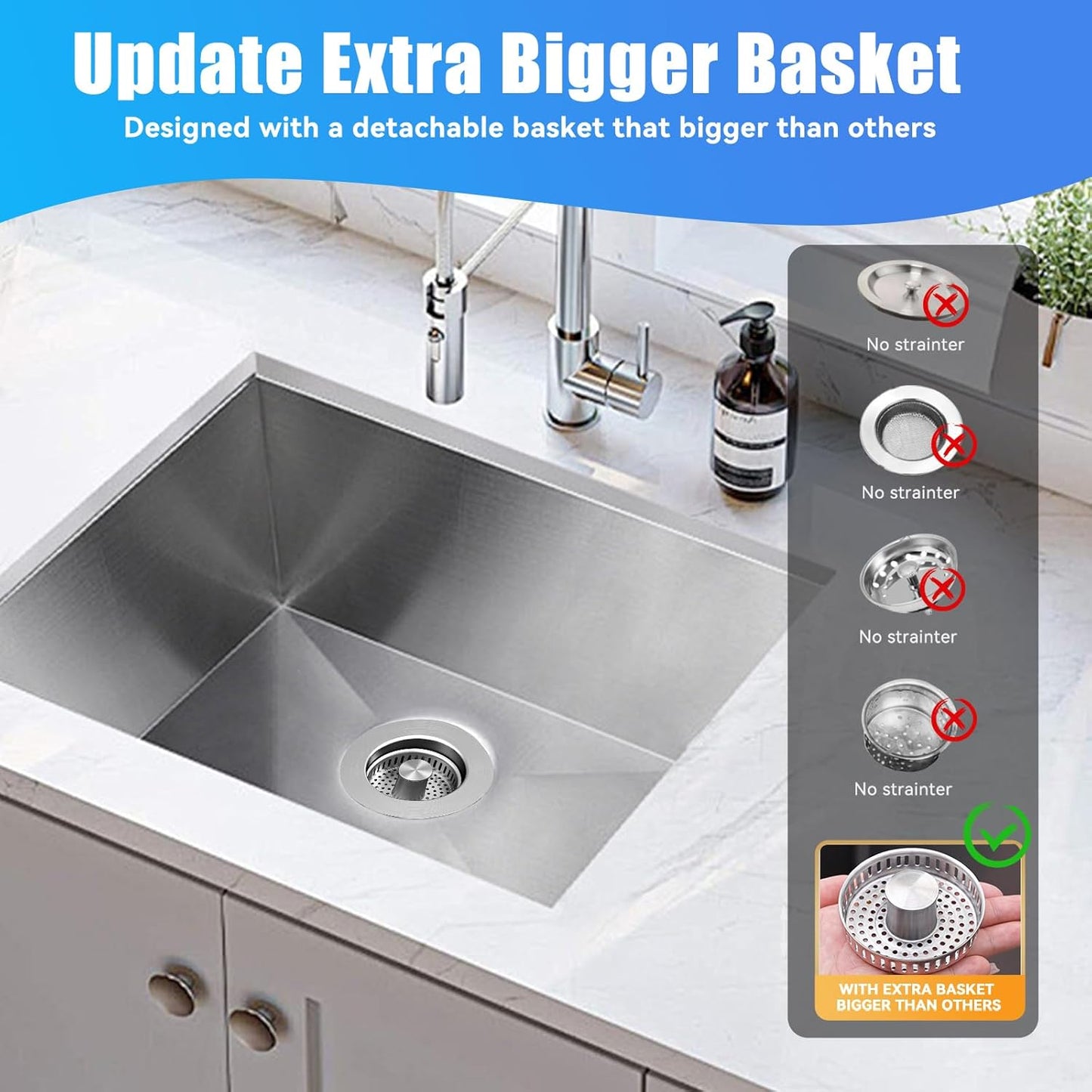 Kitchen Sink Drain Strainer, Pop-up Sink Stoppers, 3 in 1 Sink Drain Strainer, Upgraded Larger Sink Strainer Filter Basket, Cleaning Brush for US Sink Standard 3-1/2 Inch Drain Strainers