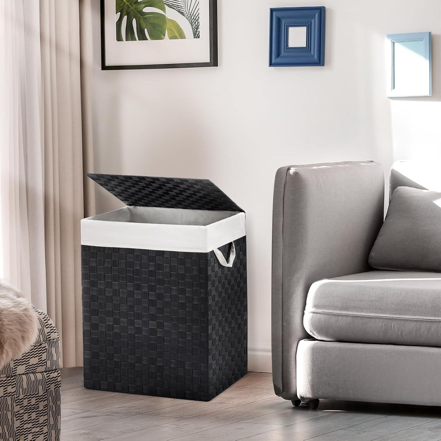 YOUDENOVA Handwoven Laundry Basket Hamper with Removable Liner Bag and Lid, Collapsible Clothes Hamper with Handle, Black
