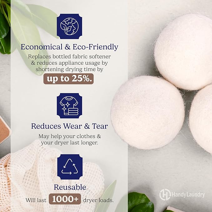 Handy Laundry Wool Dryer Balls - 2.5 Inch - Natural Fabric Softener, Reusable, Reduces Clothing Wrinkles and Saves Drying Time, Better Alternative to Plastic Balls and Liquid Softener (6-Pack)