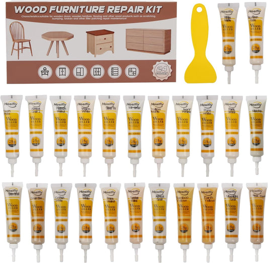 Wood Furniture Repair Kit, 24 Colors Wood Touch up Filler, Repair Scratch, Cracks, Stains, Discoloration for Wood Furniture, Door, Cabinet, Floor, Table Surface Wood - Light Color Series