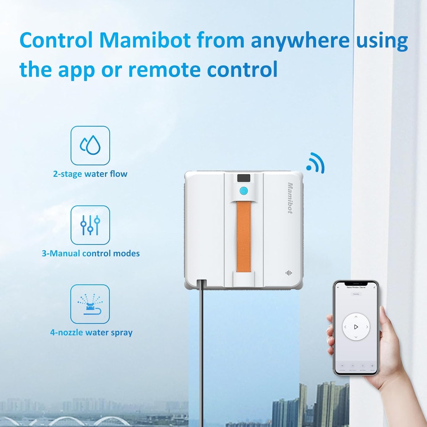 Mamibot W120-DP Window Cleaning Robot for High-Rise Glass - 3200Pa Strong Suction, Multiple Cleaning Modes,4 Water Spray Nozzles,Edge Detection Technology,App&Remote Control(Blue)