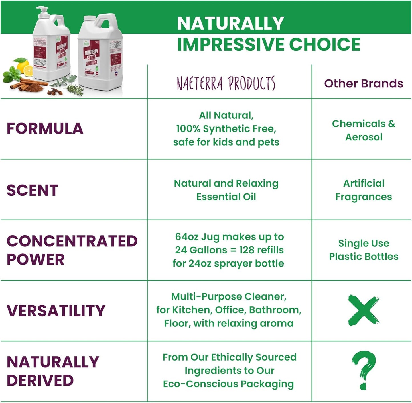 Naeterra Aromatherapy Cleaning Concentrate 64 oz Natural Multi-Surface Cleaner, Plant-Based and Biodegradable, Makes 24 Gallons, Cleaning Essential Oil Formula, Safe for Families and Pets