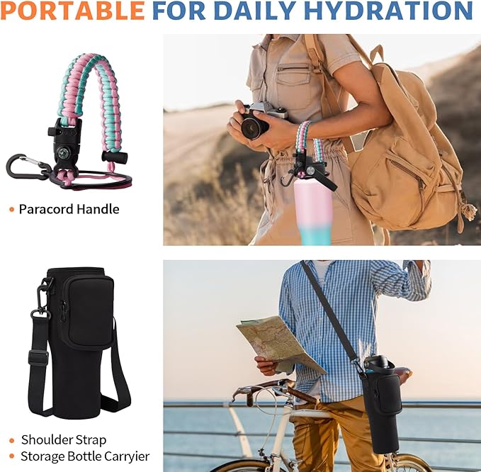 Insulated Water Bottle 32OZ That Fits in Cup Holder - Stainless Steel Water Bottle with Straw & Spout Lids, Paracord Handle, Carrying Case with Strap, Double Wall Vacuum Thermo Coffee Mug