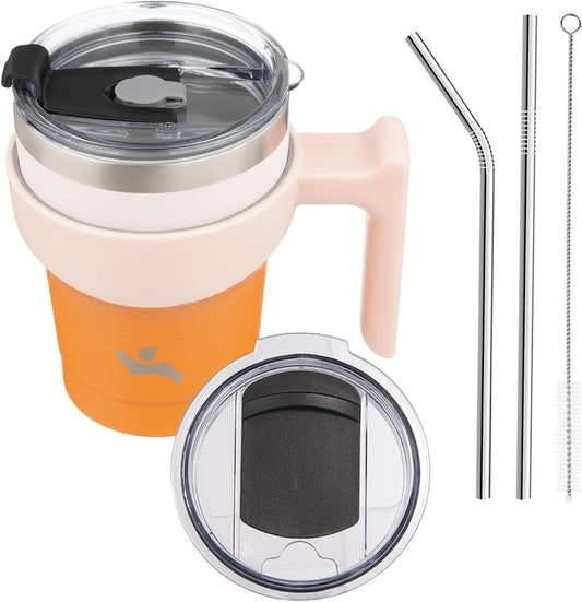 10 oz Tumbler with Handle and 2 Straw 2 Lid, Insulated Water Bottle Stainless Steel Vacuum Cup Reusable Travel Mug,Coral