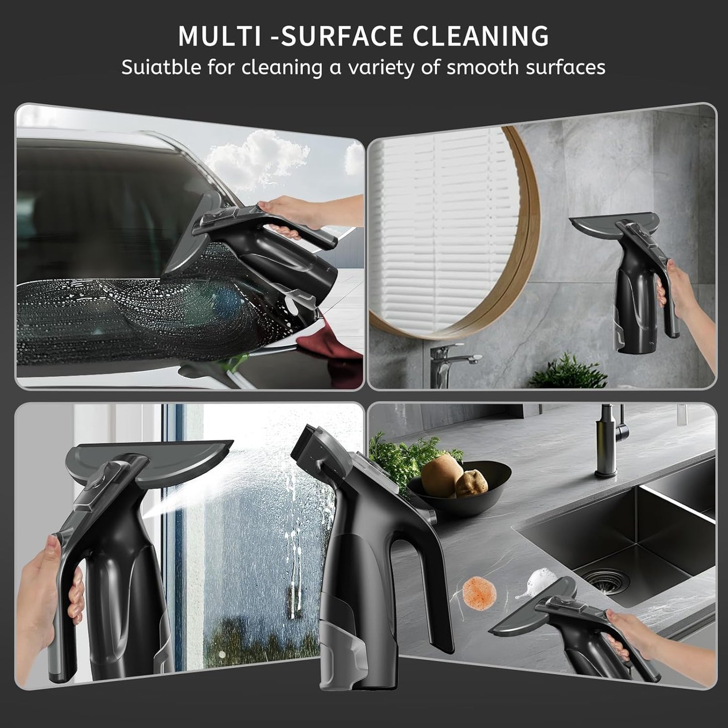 Window Vacuum Squeegee Cordless, Window Vac with Detachable Water Tank and Strong Suction, Electric Window Cleaning Tool for Shower Wall, Glass, Mirror, Countertop, Tiles, Car Windshield