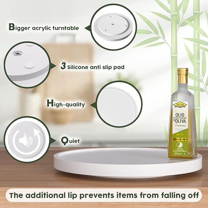 White Lazy Susan for Table, 12 Inch Non-Skid Bamboo Turntable Organizer for Salt Pepper Spices and Olive Oil Next to Stove, Wooden Lazy Susan Organizer for Kitchen Countertop Organizer