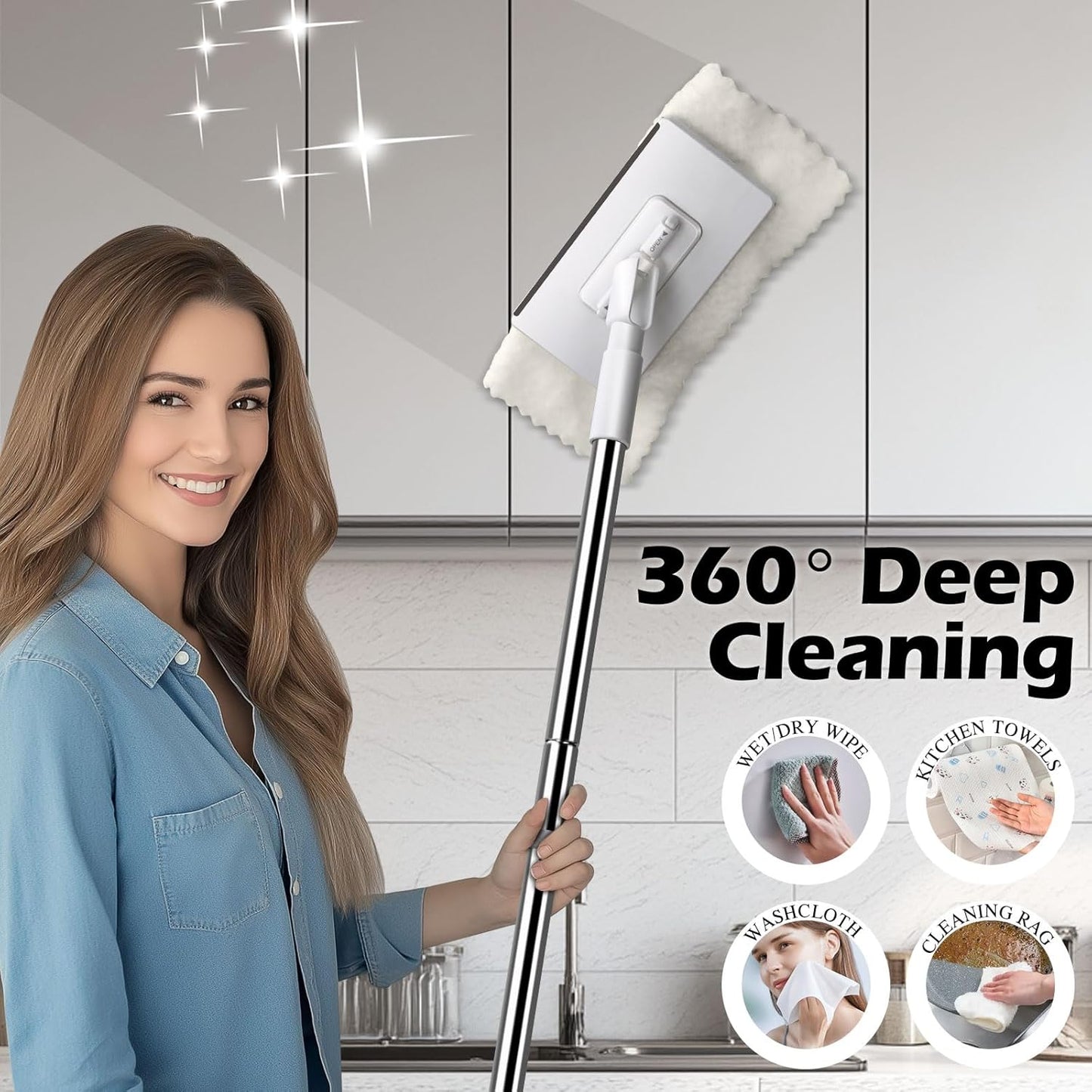 Mini Sweeper Mop,Masthome Reusable Clamp Mop with Short Stainless Steel Handle,1 Second Installation,Flat Dust Mops for House Wall,Bathroom, Windows, Corners, Includes 1 Sweeping Cloth