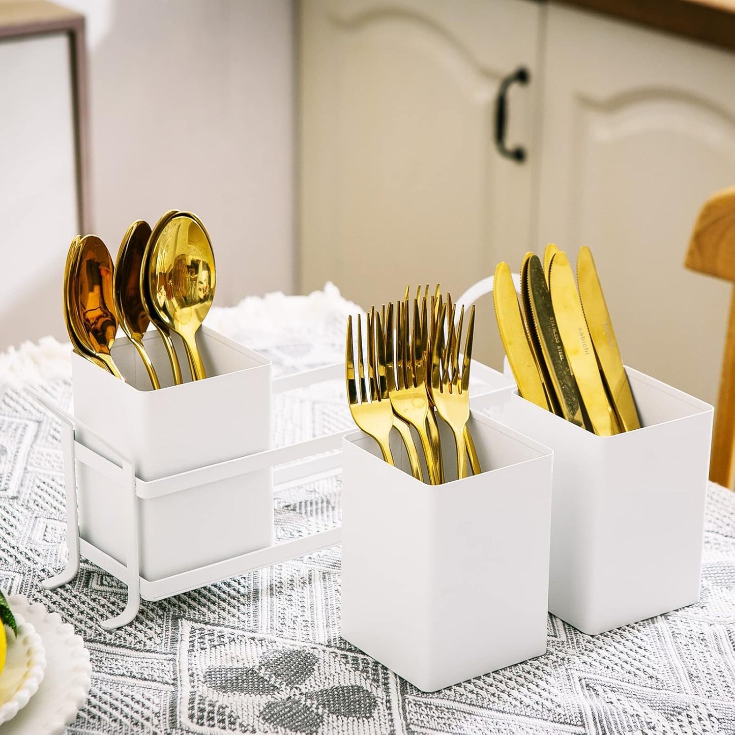 White Metal Utensil Caddy, 3 Compartments, Portable Design, Perfect for Countertop, Outdoor, and Camping