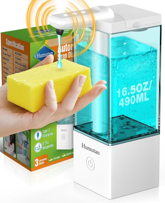 16.5oz Rechargeable and Touchless Liquid Dish Soap Dispenser with Non-Slip Base & 3 Adjustable Levels, Automatic Hand Soap Dispenser for Bathroom, Kitchen, Hotel, Restaurant, Laundry(White)
