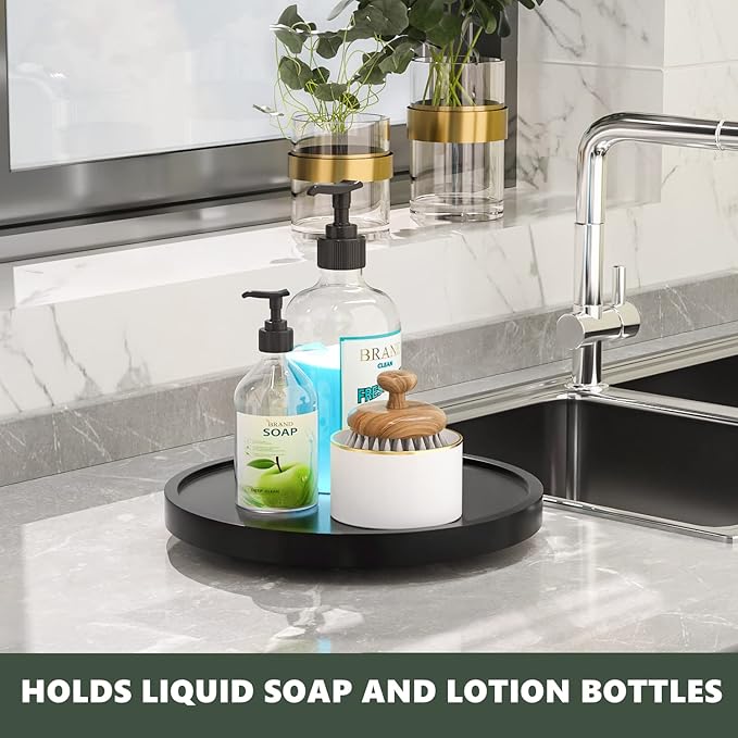 Turntable Vanity Tray 10 Inch for Perfume Candle, Bamboo Kitchen Sink Countertop Organizer Keep Glass, Sponge and Soap Bathroom Coffee Table Decorative Black (VFLZ)