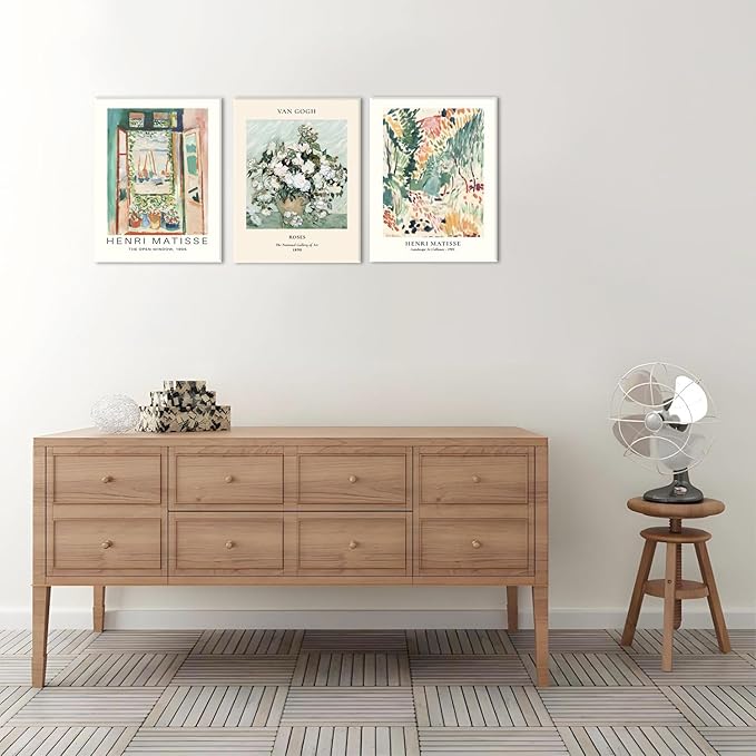 Framed Green Vintage Canvas Wall Art Set of 3 - Van Gogh Abstract Rose Pictures Wall Decor, Mid Century Modern Matisse Artwork Paintings Prints for Living Room Bedroom Bathroom 12x16 inch