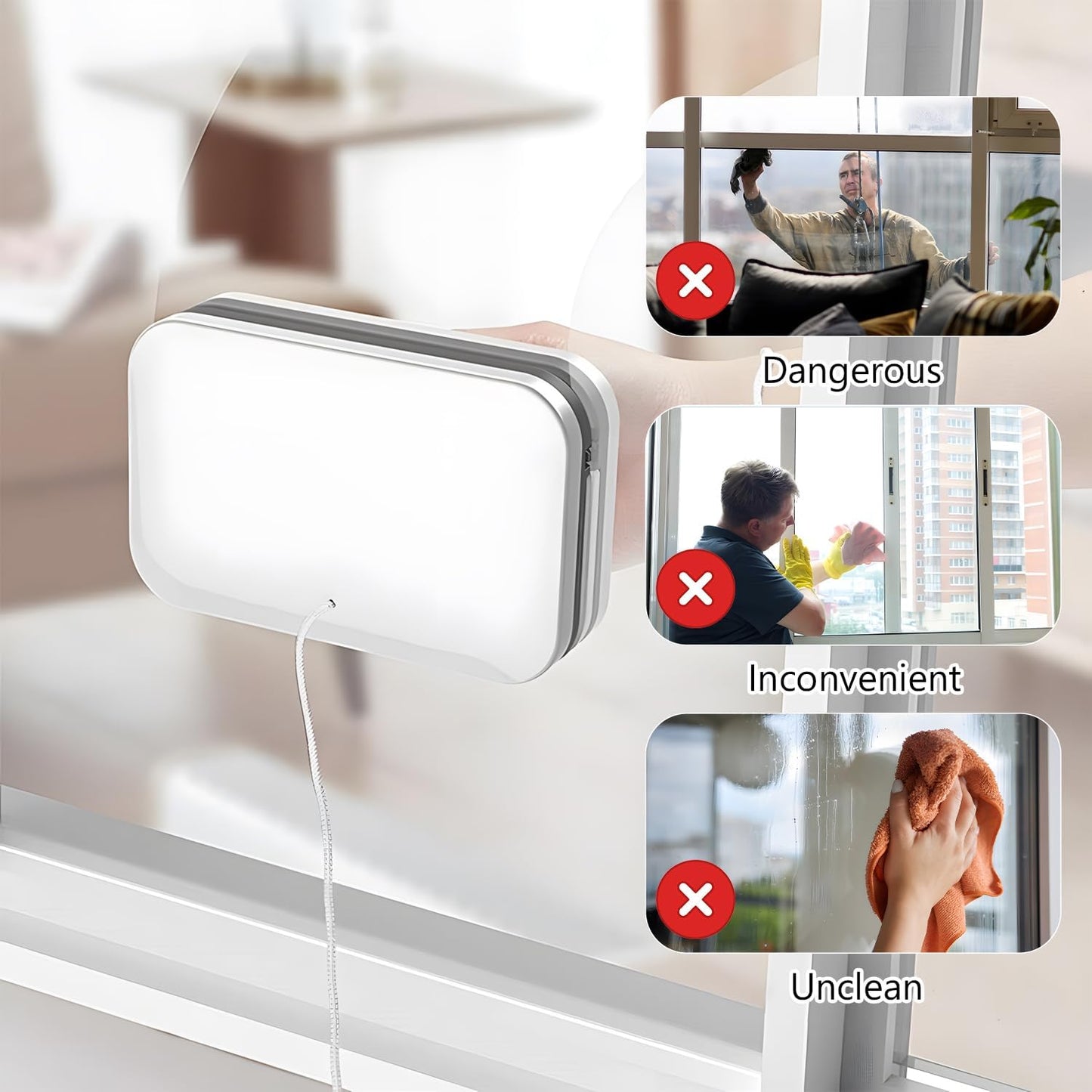 Magnetic Window Cleaner Tool, Double-Sided Window Cleaner Glass Wiper with Rope, Magnetic Windshield Cleaner for High Rise, Car Glazed Windows (Glass Thickness 0.12-0.39 inch)