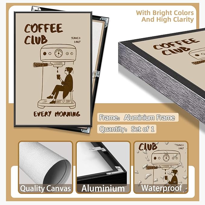 Served Daily Every Morning Sign Wall Art Funny Coffee Club Canvas Print Poster Vintage Kitchen Minimalist Painting Aesthetic Pictures Decor for Cafe Station Bar Cart 20x30inch Metal Black Frame