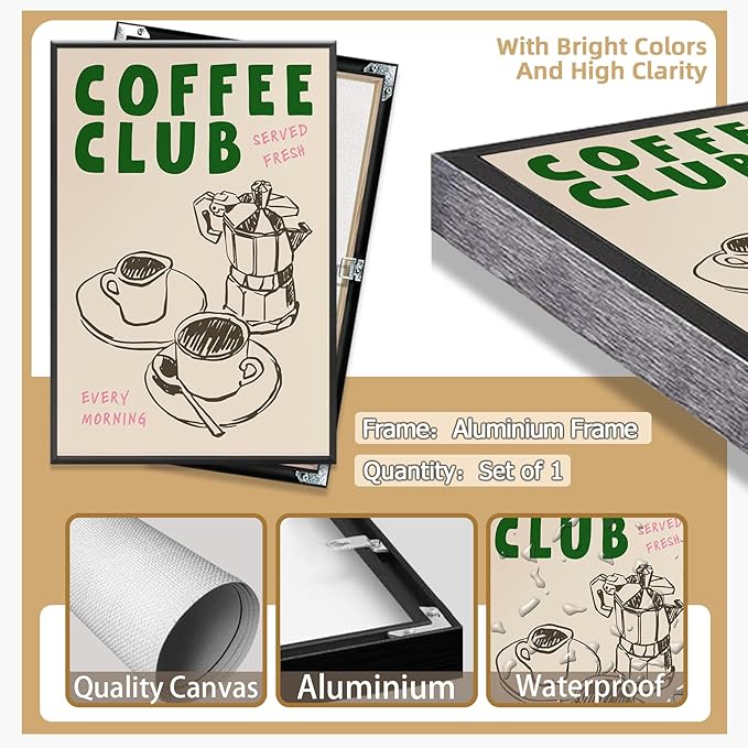 Vintage Coffee Club Wall Art Served Fresh Every Morning Sign Canvas Print Poster Sketch Moka Pot And Cups Minimalist Home Decor Aesthetic Pictures for Kitchen Bar Cafe 20x30inch Metal Black Frame