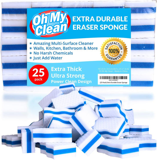 (25 Pack) Extra Durable Eraser Sponge - Extra Thick, Long Lasting, Premium Melamine Sponges in Bulk - Multi-Purpose Power Scrubber - Bathroom, Kitchen, Floor, Bathtub, Toilet, Baseboard, Wall Cleaner