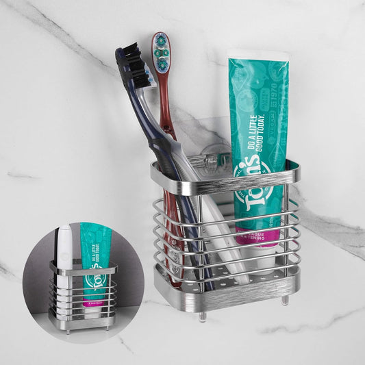 Wall Mount Toothbrush Holder for Bathroom, Stainless Steel Rustproof Toothbrush and Toothpaste Holder Organizer, Electric Toothbrush Holder Self Adhesive Wallmount/Countertop Organizer(Silver Small)