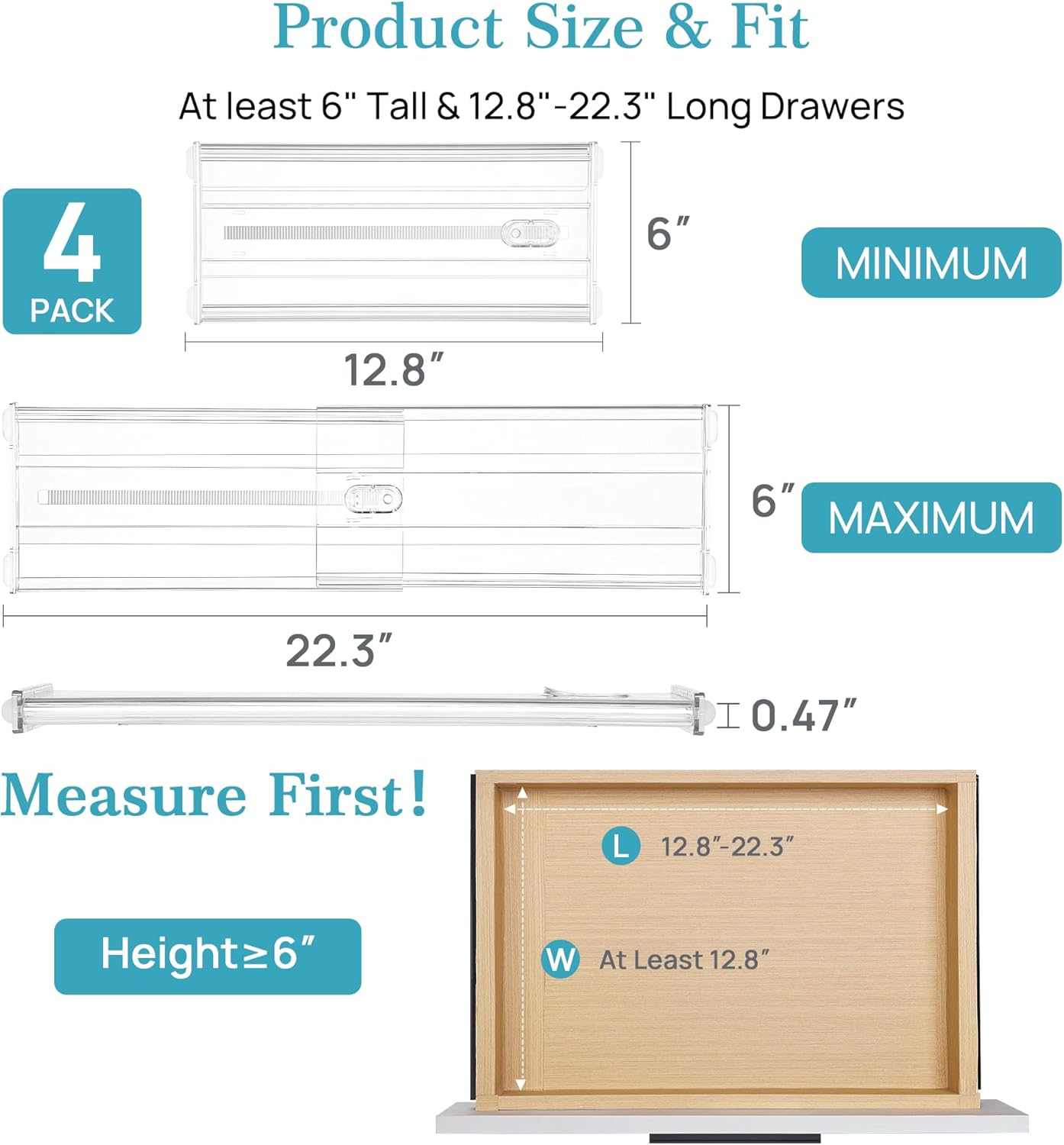 Vtopmart 4 Pack 6" Tall Upgrade Drawer Dividers for Big and Deep Drawer, 12.8"-22.3" Adjustable Expandable Dresser Drawer Organizer, Clear Plastic Separators for Dresser, Baby Supplies, Kitchenware