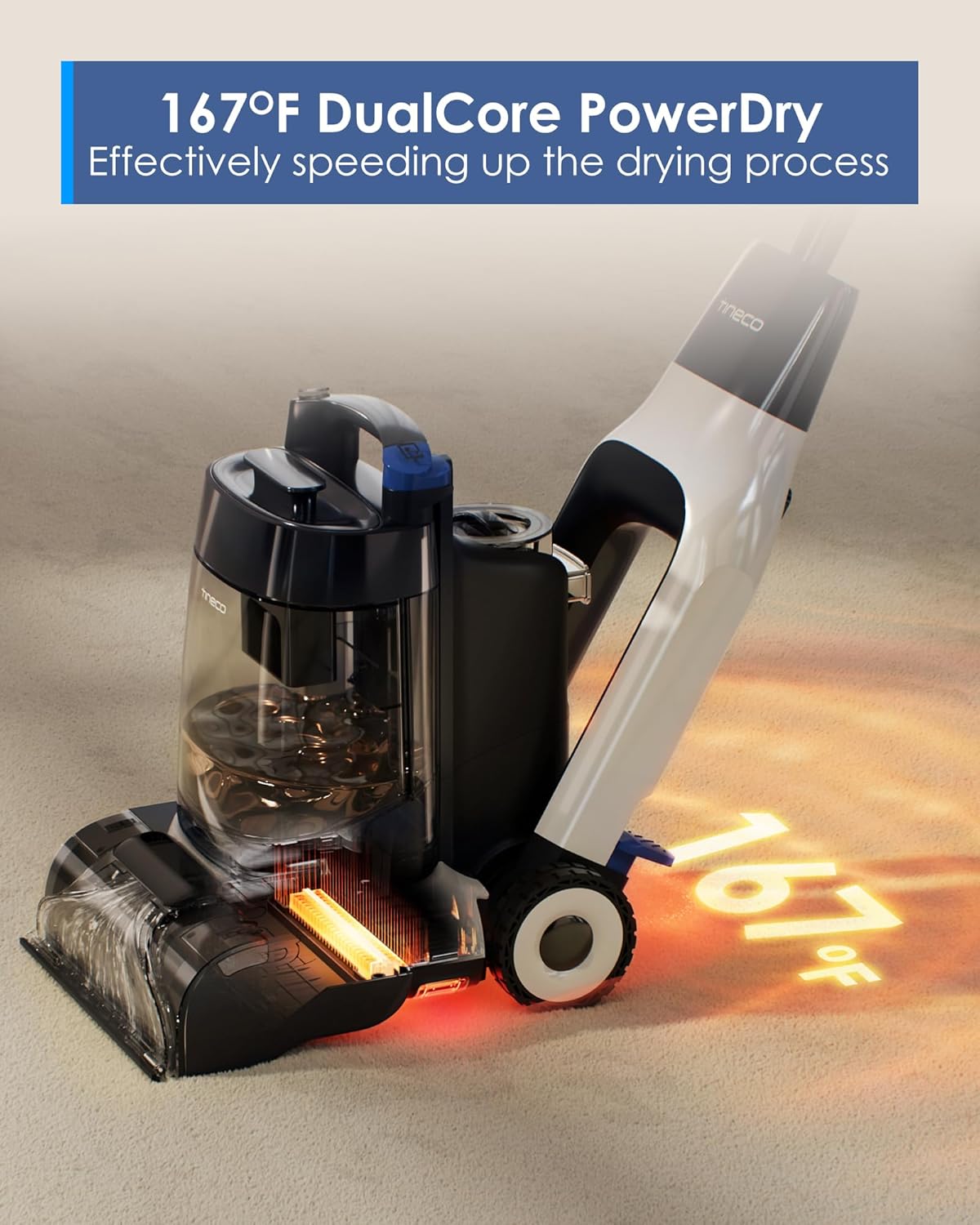 Tineco CARPET ONE Cruiser Smart Carpet Cleaner, Self-Cleaning and FlashDry, Deep Cleaning for Carpet and Upholstery 167℉ PowerDry 130W Powerful suction SmoothPower