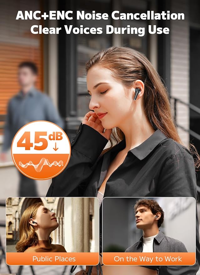 Wireless Earbuds, ANC/ENC Noise Cancelling Ear Buds with Smart Touchscreen Case, 48H Playtime for Sports & Working, Bass Stereo Sound, Bluetooth 5.4 Headphones for iPhone/Android
