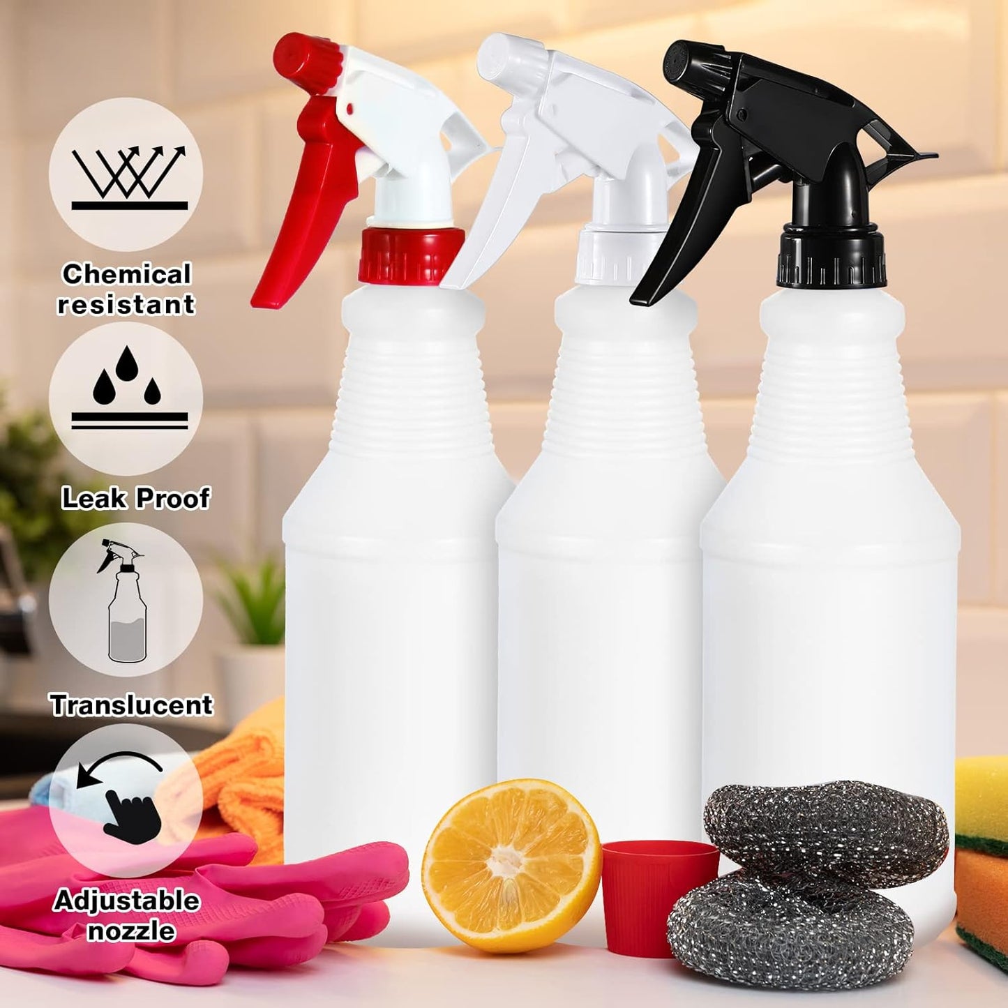 Yinder 18 Pcs 16 Oz Plastic Spray Bottle Bulk Empty Refillable Spray Bottles for Cleaning Solution Leak Proof Water Sprayer with Adjustable Nozzle Mist/Stream Mode(Black, White, Red)