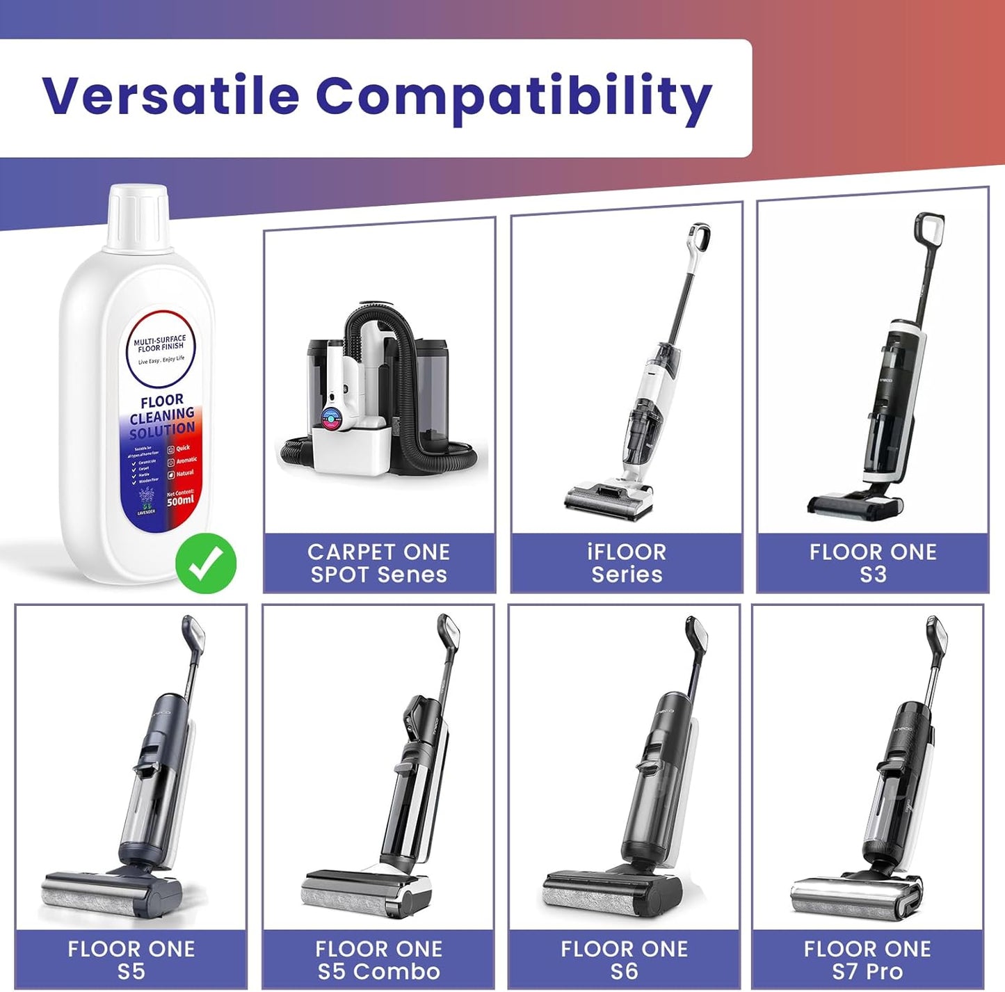 Floor Cleaning Solution Compatible with Tineco/Roborock, Deep Cleans of Multiple Hard Floors for All Mopping Robot Vacuums and Cordless Wet/Dry Vacuum Mop Cleaner, Lavender Scent, 1000ml, 2 Bottles