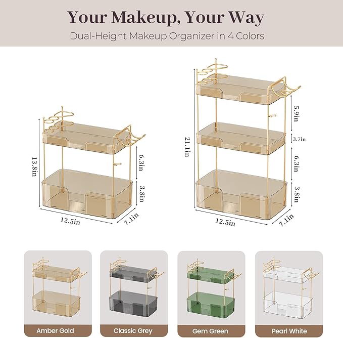 Aveniee Bathroom Counter Organizer,3 Tier Skincare Perfume Countertop Storage with Hair Dryer Rack and Toothbrush Holder, Cosmetic Makeup Tray for Vanity - Gold