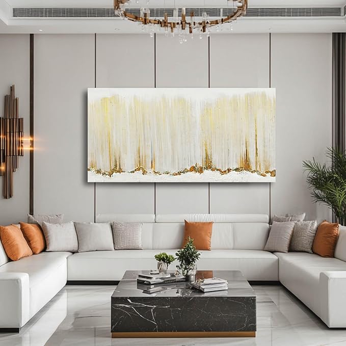 WINKAILIN Large Beige Pictures Wall Decor for Living Room Textured Wall Art for Home Modern Artwork Gold Line Art for Walls 29"x 58" Dining Room Decoration