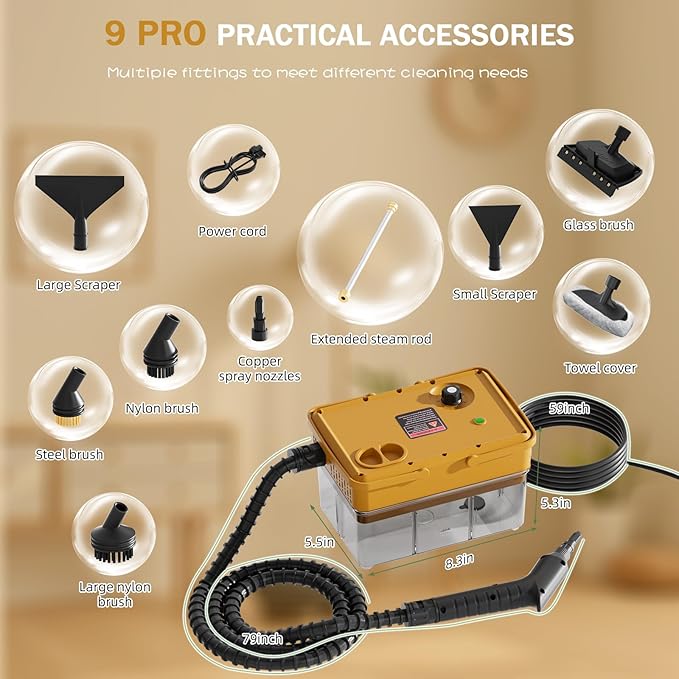 Handheld Steam Cleaner 2500W,10s Fast Heat-Up & 50.73OZ Large Tank,Pressurized Portable Steamer with 9 Accessories for Home,Car,Kitchen,Bathroom,Floors,Grout,Tile,Upholstery