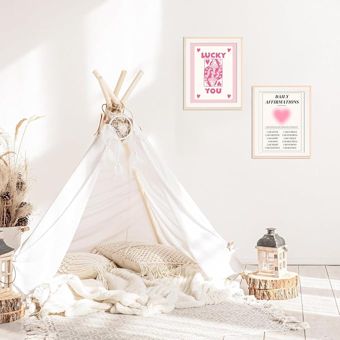 Hwetui Preppy Pink Aura posters Daily Affirmations Wall Art Trendy Y2K Canvas Prints Cute Lucky You Painting Retro Aesthetic Room Decor Picture for College Dorm Bedroom 12x16Inch Set of 4 Unframed