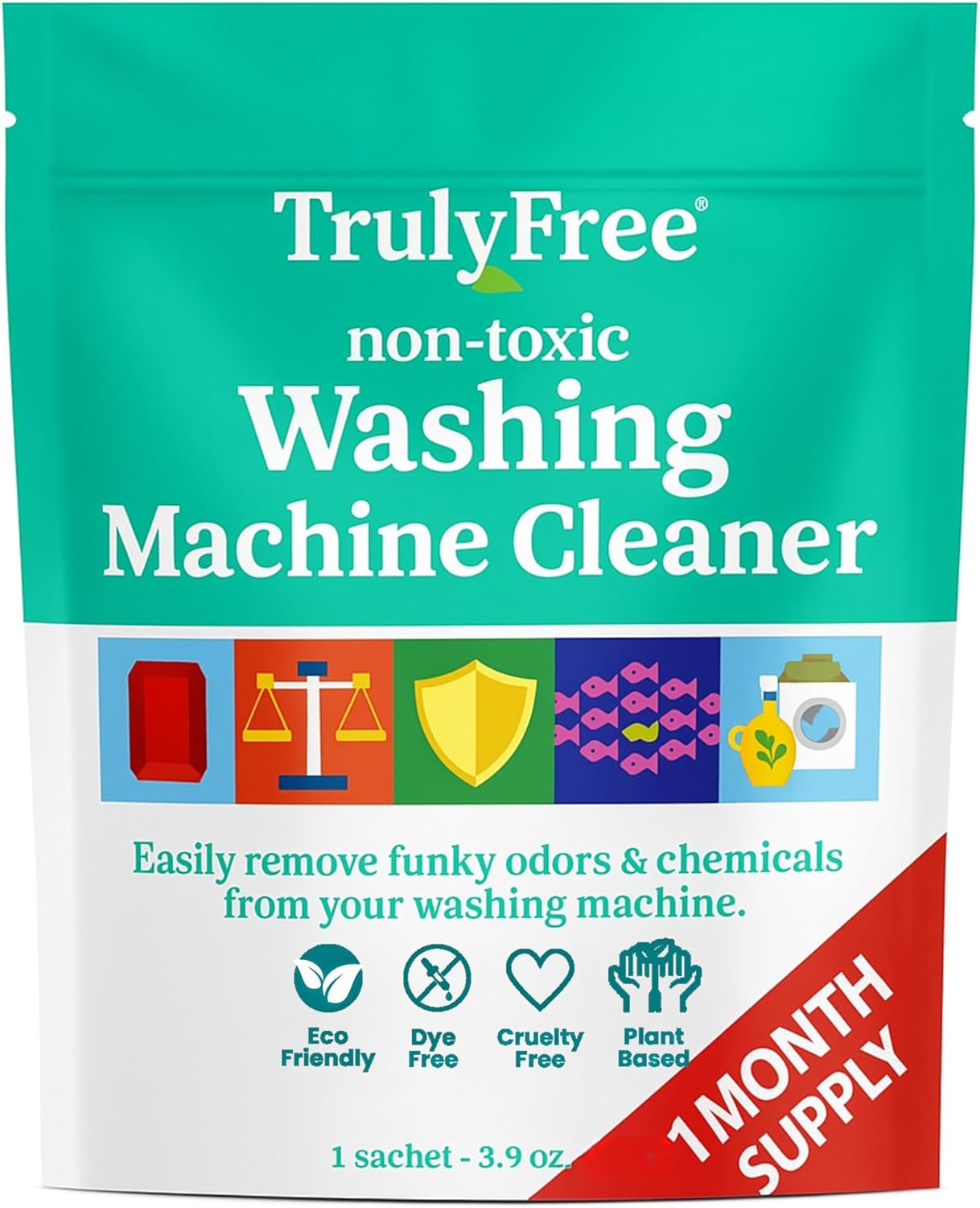 Truly Free Laundry Washing Machine Cleaner and Deodorizer | Top Load & Front Load Washer Cleaner for Grime, Mold, Odor Remover | Safe for HE Washing Machines & Septic Tanks, Non Toxic, Natural, Clean